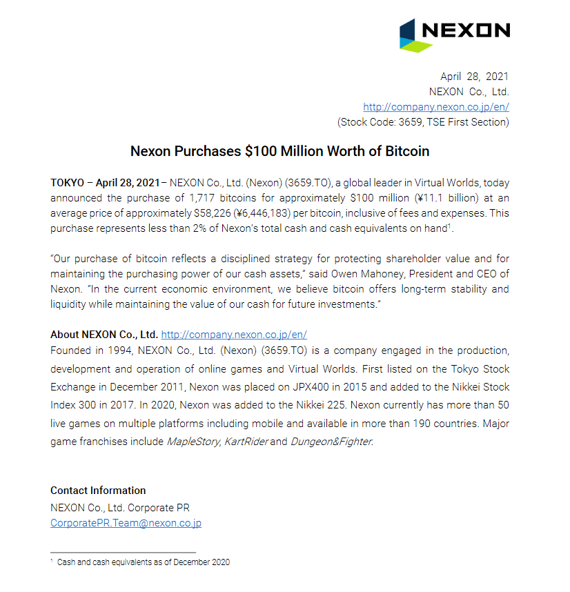 网游《DNF》厂商Nexon宣布购买1亿美元比特币 属战略投资